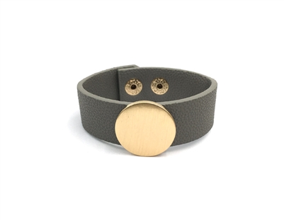 Grey Leather 1" Snap Bracelet with Gold Engravable Circle