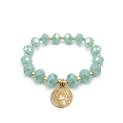 Mint Crystal with Gold Coin Charm 7.5" Stretch Bracelet