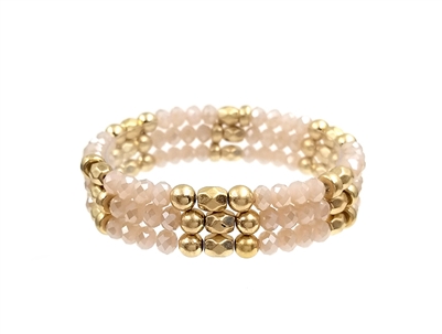 Set of 3 Pink Crystal and Worn Gold Beaded Stretch Bracelet