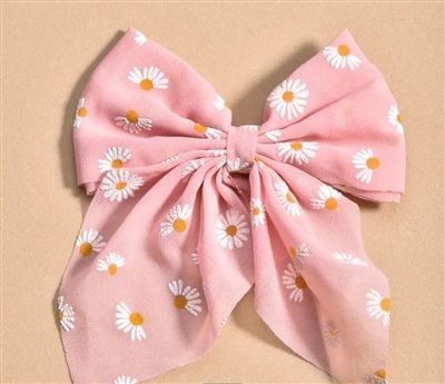 Pink  Silk Clip in Hair Bow with Sunflower Details