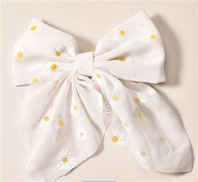 White Silk Clip in Hair Bow with Sunflower Details