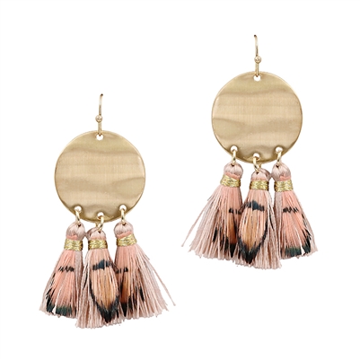 Hammered Gold Circle with Pink Feather and Fabric Tassel 2" Earring