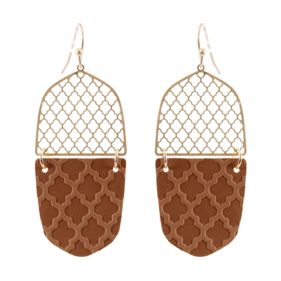 Gold Filigree with Brown Leather Print 2" Earring