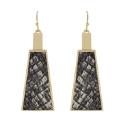 Grey Snake Print Leather and Gold Triangle 2" Earrings