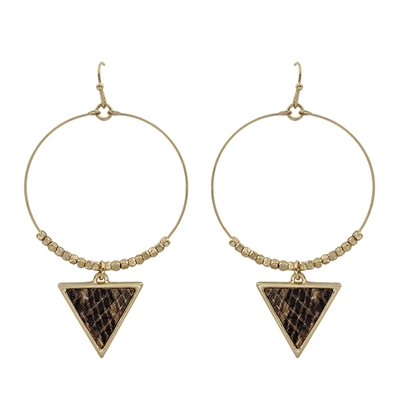Gold Hoop with Snake Print Triangle Drop 2" Earring
