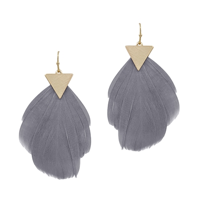 Gold Triangle and Grey Feather 2.5" Drop Earring