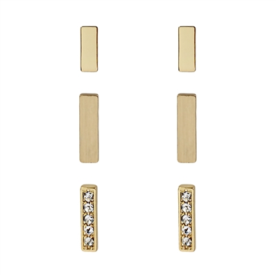 Matte Gold Bar and Rhinestone Bar Set of 3 Stud Earring
