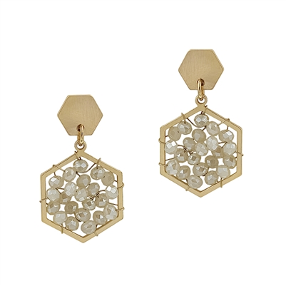 Gold Hexagon Stud with Natural Crystal 1" Earring