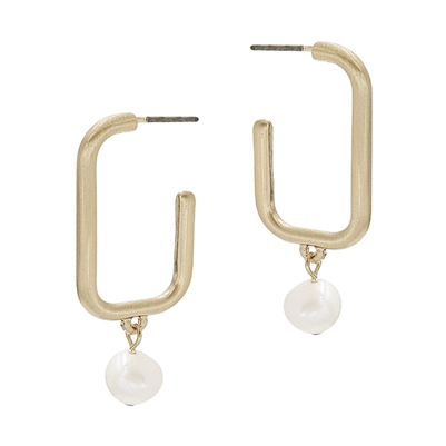 Thin Gold 1.5" Rounded Rectangle with Pearl Drop Stud Earring
