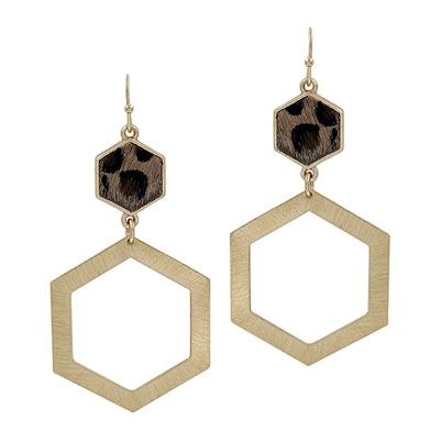 Matte Gold Hexagon and Cheetah Print 2" Earring