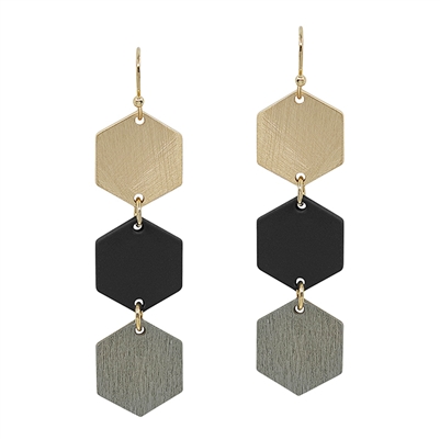Gold, Black, and Grey Wood Hexagon 2" Earring