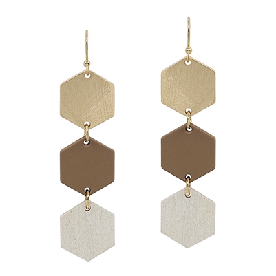 Gold, Brown, and White Wood Hexagon 2" Earring