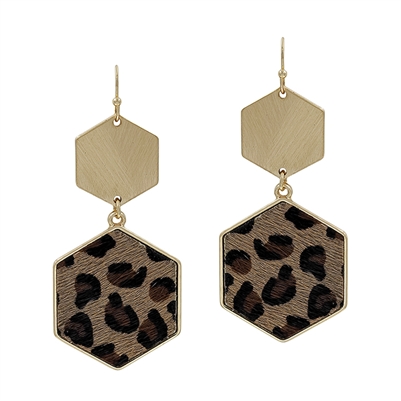 Cheetah Print and Gold Hexagon 1.75" Earring