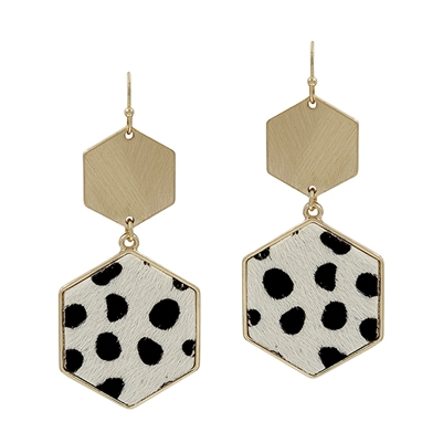 White Cheetah Print and Gold Hexagon 1.75" Earring