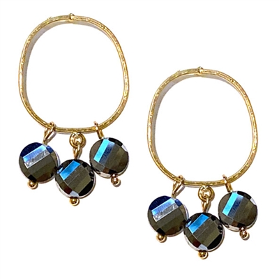 Gold Circle with Grey Crystal Drops 1.25" Earring