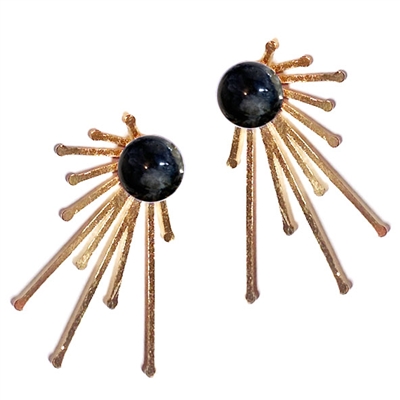 Grey/Black Natural Stone Stud with Gold Accents 1.5" Earring