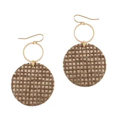 Gold Hoop with Grey Rattan Printed Circle 2" Earring