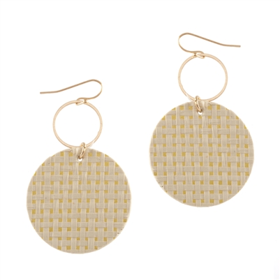 Gold Hoop with Ivory Rattan Printed Circle 2" Earring