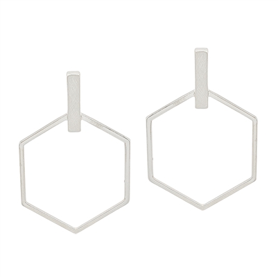 Matte Silver Open Drop Hexagon Stud 1.75" Earring