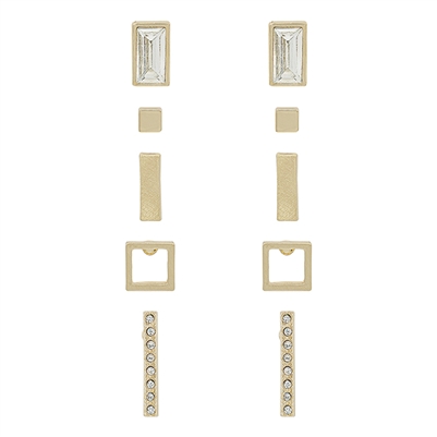 Gold Set of Five Gold Bar and Crystal Stud Earrings
