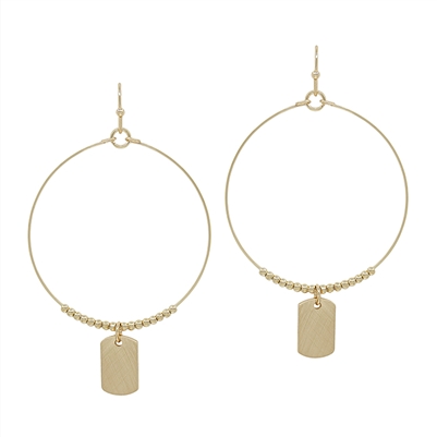 Gold Rectangle Drop on Beaded Hoop 1.5" Earrings