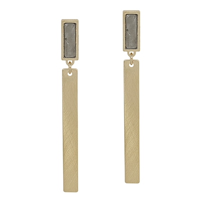 Grey Natural Stone and Gold Bar 2" Earring