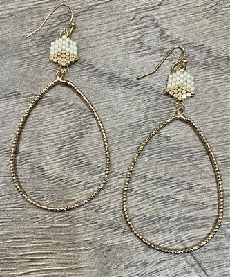 White and Gold Beaded Hexagon with Gold Teardrop 2" Earring