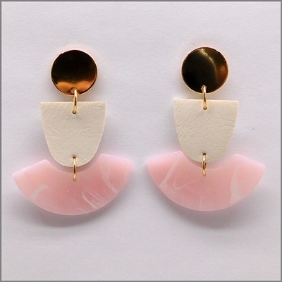 Pink Acrylic, Wood, and Gold Geometric  2" Earring