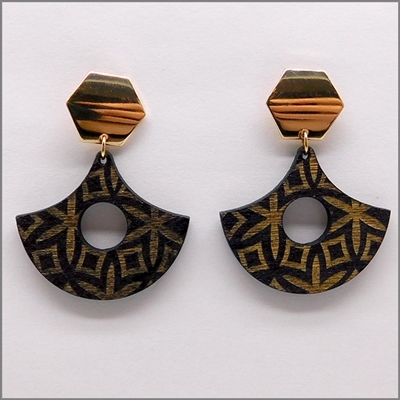 Black  Wood  and Gold Geometric 2" Earring