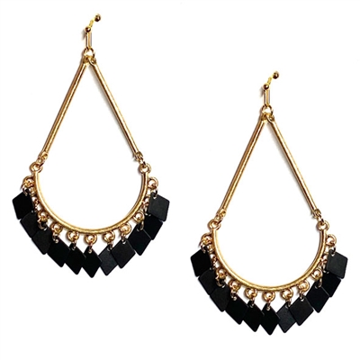 Gold Teardrop with Black Metal Accents  2" Earring