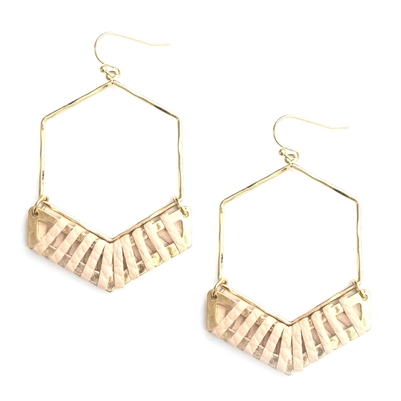 Gold Hexagon with Pink Threading 2" Earring