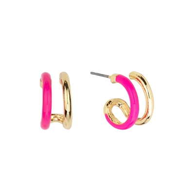 Gold and Hot Pink Enamel .5" Open Hoop Earring