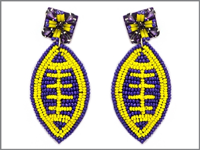 Seed Bead Purple and Yellow Football 2.25" Earring, game day
