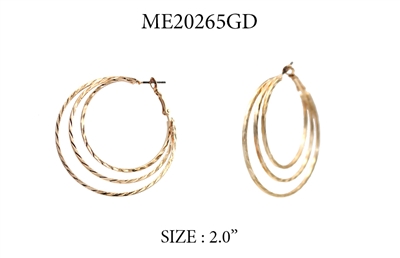 Gold Textured Three Hoop 2" Earring