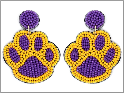 Seed Bead Purple and Yellow Paw Print.25" Earring