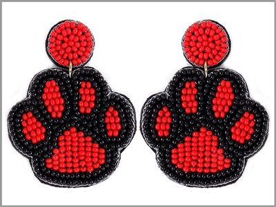 Seed Bead Red and Black Paw Print  2.25" Earring