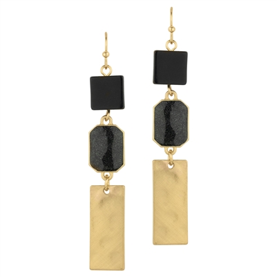 Black Natural Stone and Gold Rectangle Bar2" Earring