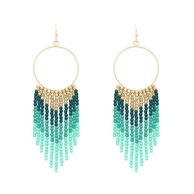 Seed Bead Turquoise Color 2" Tassel Earring, Very Popular!