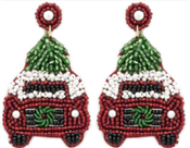 Christmas Red Car with Tree Seed Bead 2" Earring