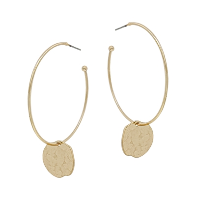 Worn Gold Hoop with Hammered Circle Drop 2" Earring