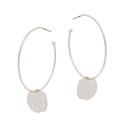 Worn Silver Hoop with Hammered Circle Drop 2" Earring