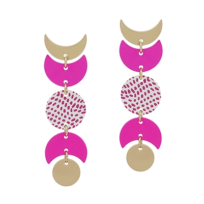 Gold and Hot Pink Color Coated Geometric Drop 2"  Earring