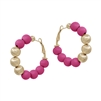 Hot Pink Wood Beaded and Textured Gold 1.75"  Earring