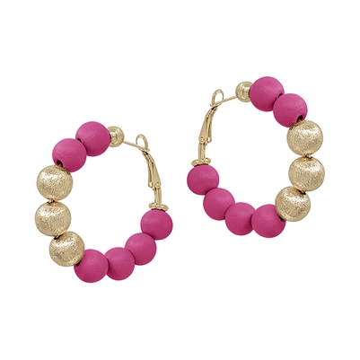 Hot Pink Wood Beaded and Textured Gold 1.75"  Earring