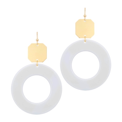 Gold and White Acrylic Open Circle 2" Earring