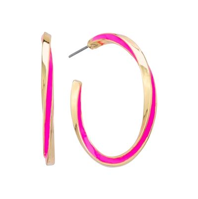 Hot Pink and Gold Twisted 1.5" Hoop Earring