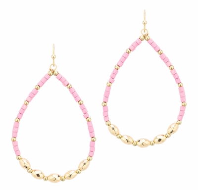 Pink Wood and Gold Beaded Teardrop 2" Earring