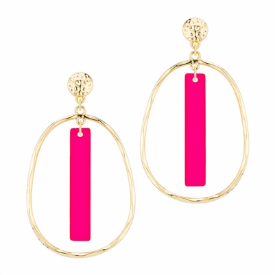Gold Open Oval with Hot Pink Acrylic Bar 2" Earring