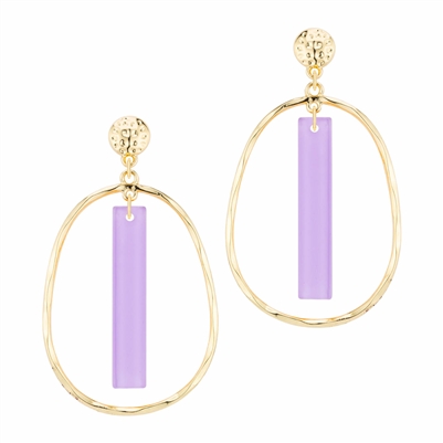 Gold Open Oval with Lavender Acrylic Bar 2" Earring