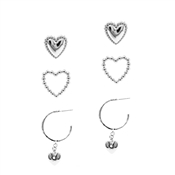 Silver Set of 3 Heart Stud and Hoop  Earrings